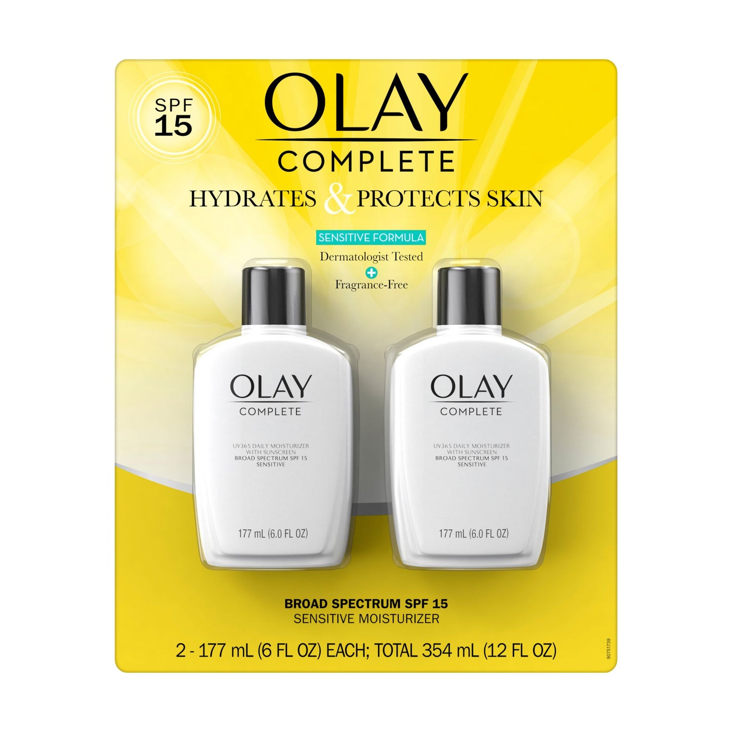 Olay Complete Sensitive Plus Face Moisturizer, Hydrates and Protects Skin, SPF 15, 2 x 6.0 fl. oz.