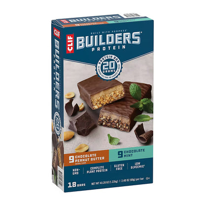 Clif Bar Builders Protein Bar Chocolate Mint and Chocolate Peanut Butter, 20g Protein, 18 ct./2.4 oz.