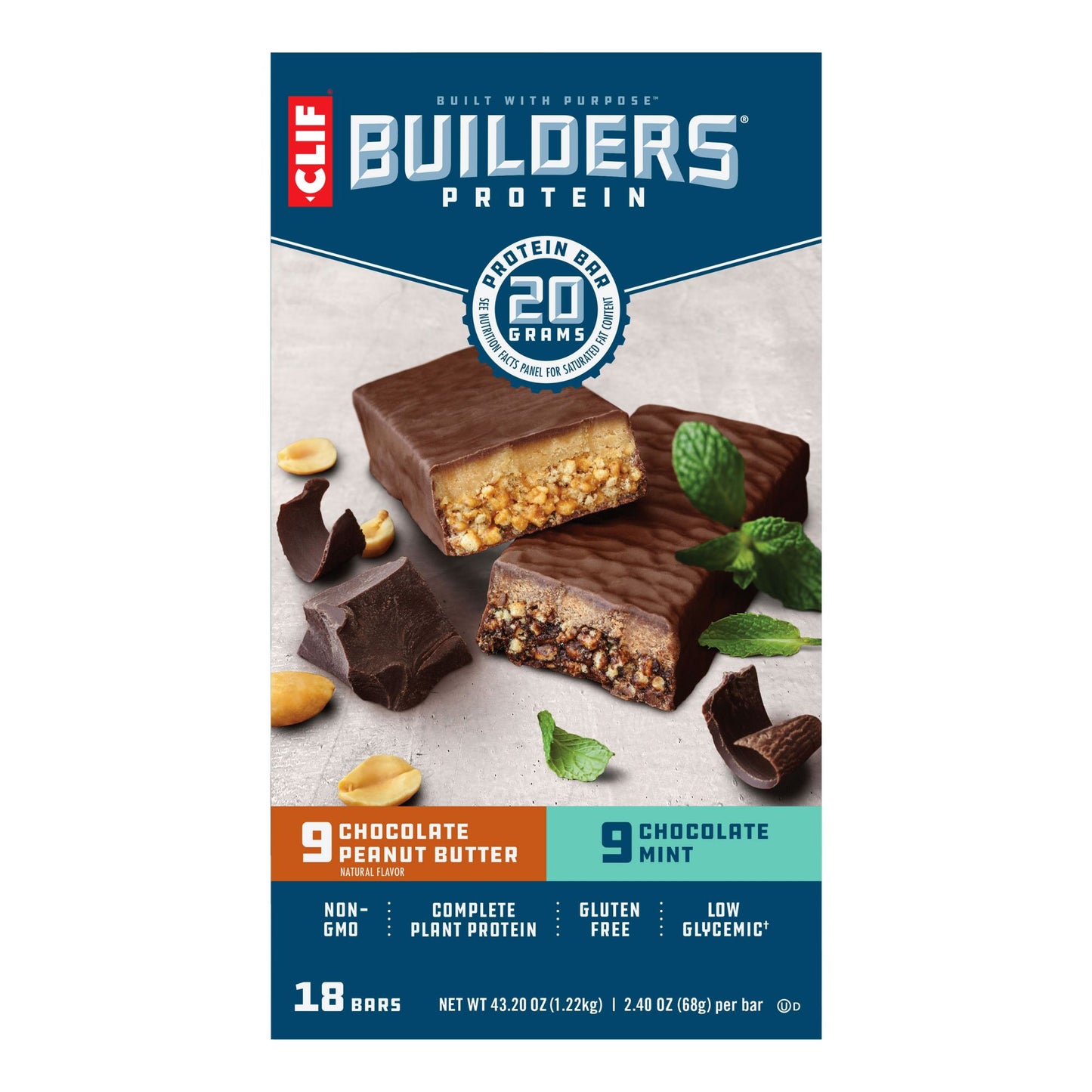 Clif Bar Builders Protein Bar Chocolate Mint and Chocolate Peanut Butter, 20g Protein, 18 ct./2.4 oz.