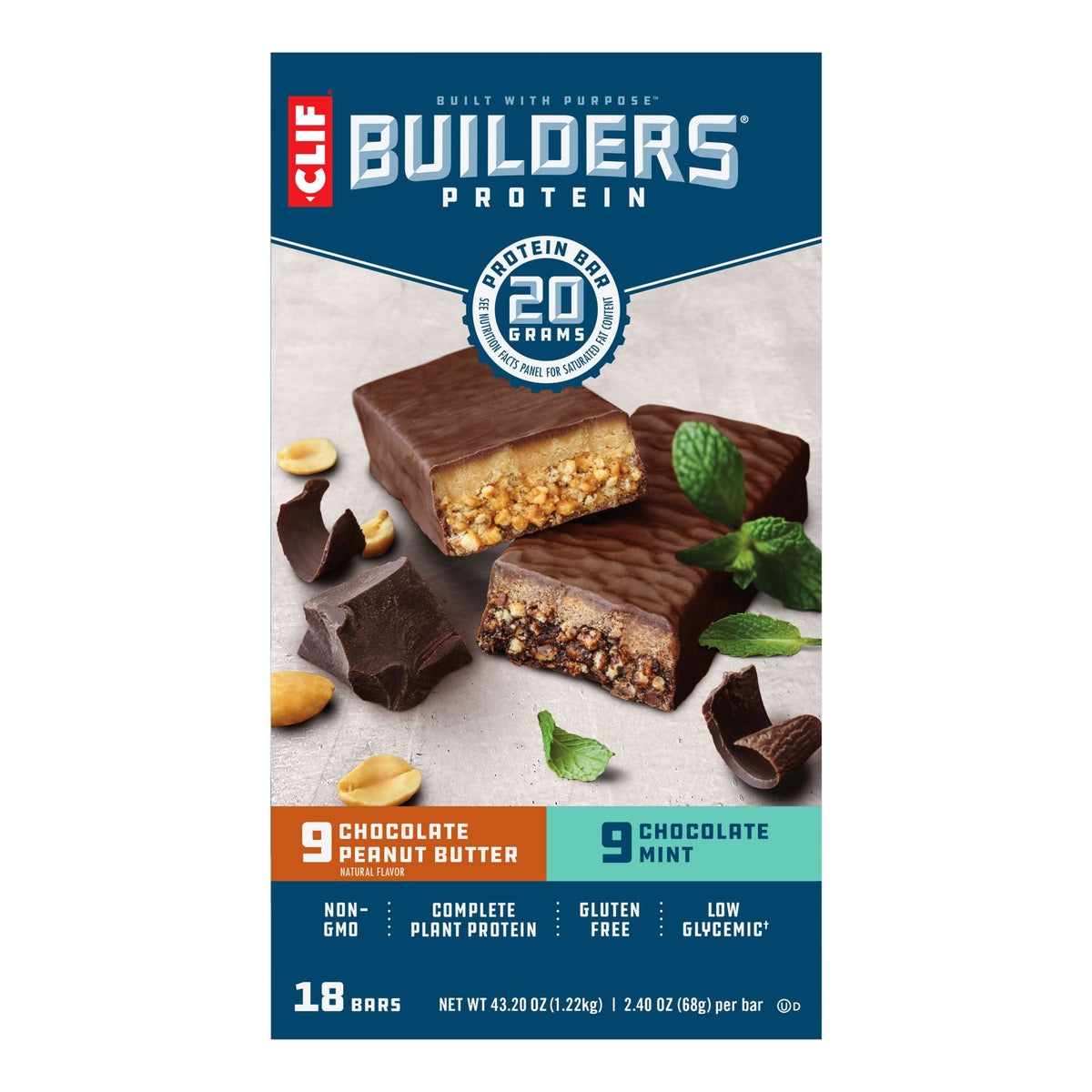 Clif Bar Builders Protein Bar Chocolate Mint and Chocolate Peanut Butter, 20g Protein, 18 ct./2.4 oz.