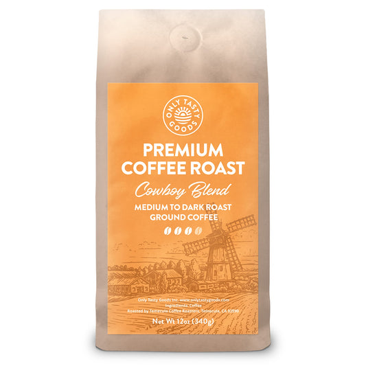 Cowboy Blend Medium to Dark Roast Ground Coffee, Speciality Coffee Beans, Fresh Roasted, 12 oz.