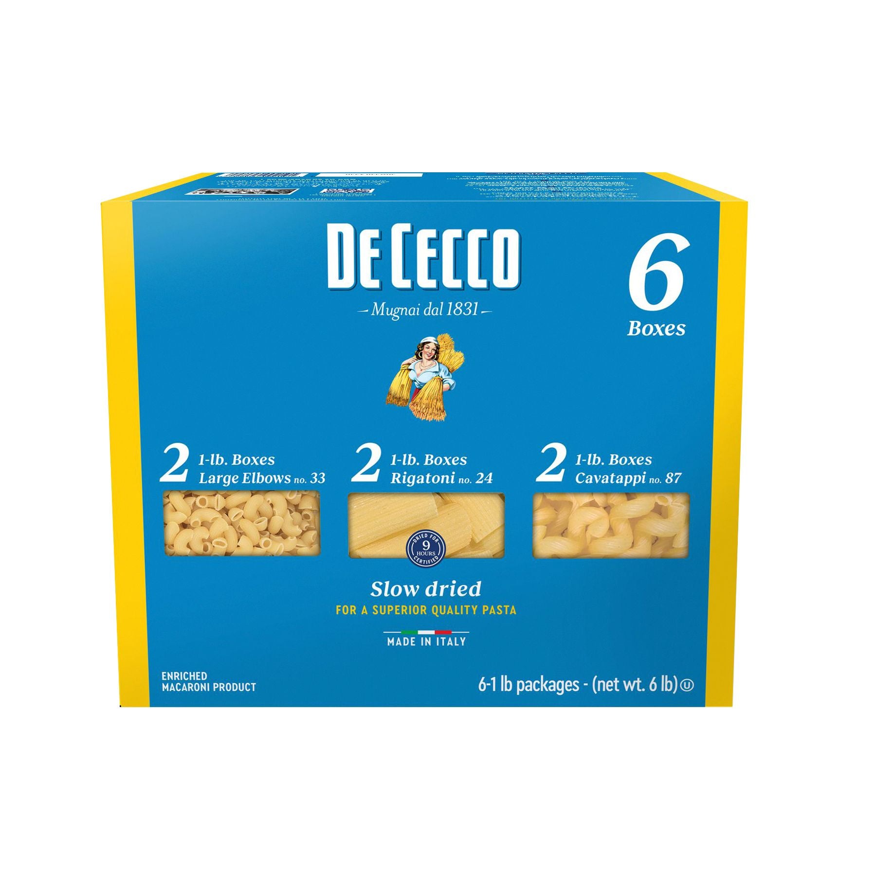 De Cecco Short Cut Italian Pasta Macaroni Mix, Rigatoni, Cavatappi, Large Elbow, 6 x 1 lb. packs, 6 lb.