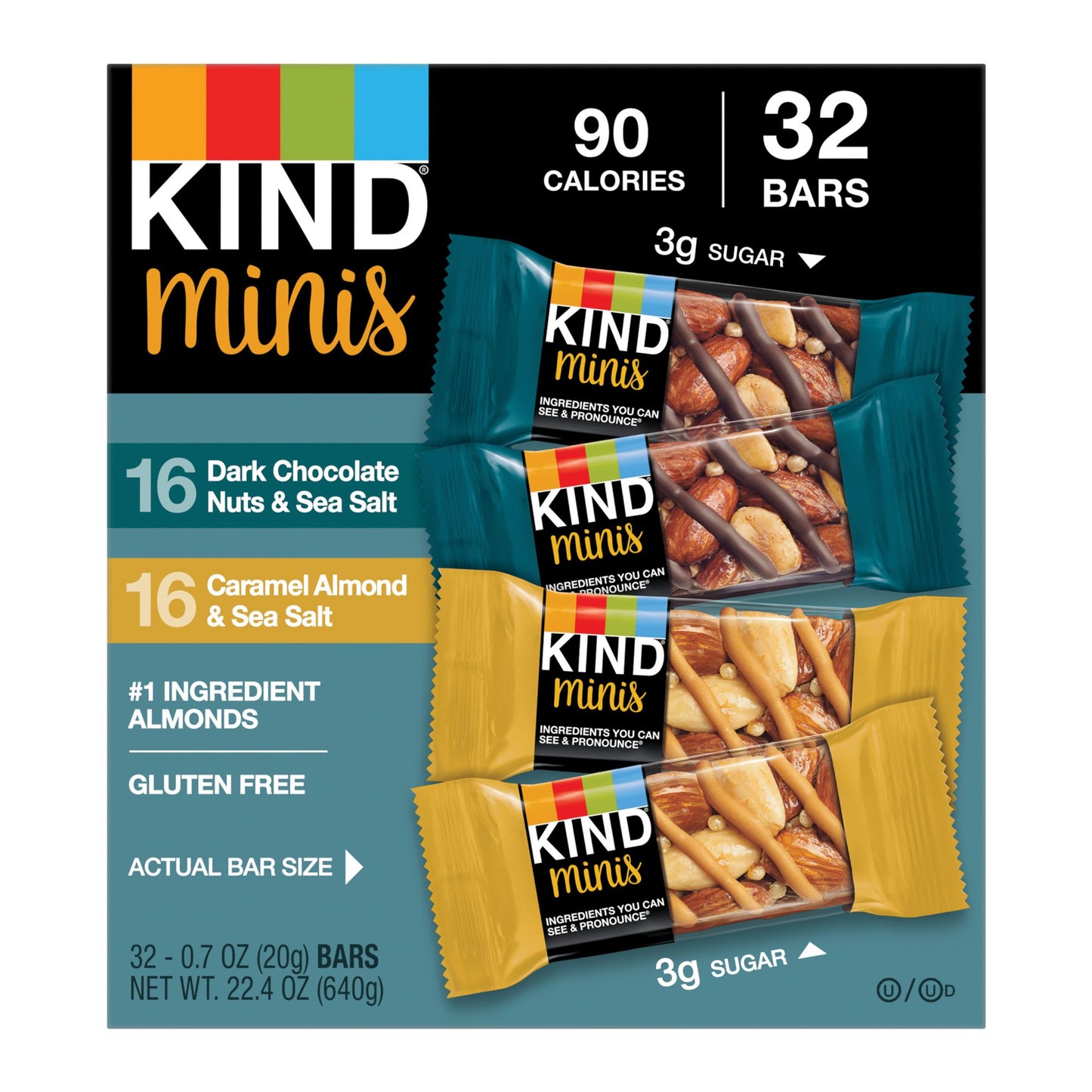 Kind Minis Snack Bars Variety Pack, Dark Chocolate Nuts, Caramel Almond, Sea Salt, Gluten-Free, Snacks, 32 ct./0.7 oz.