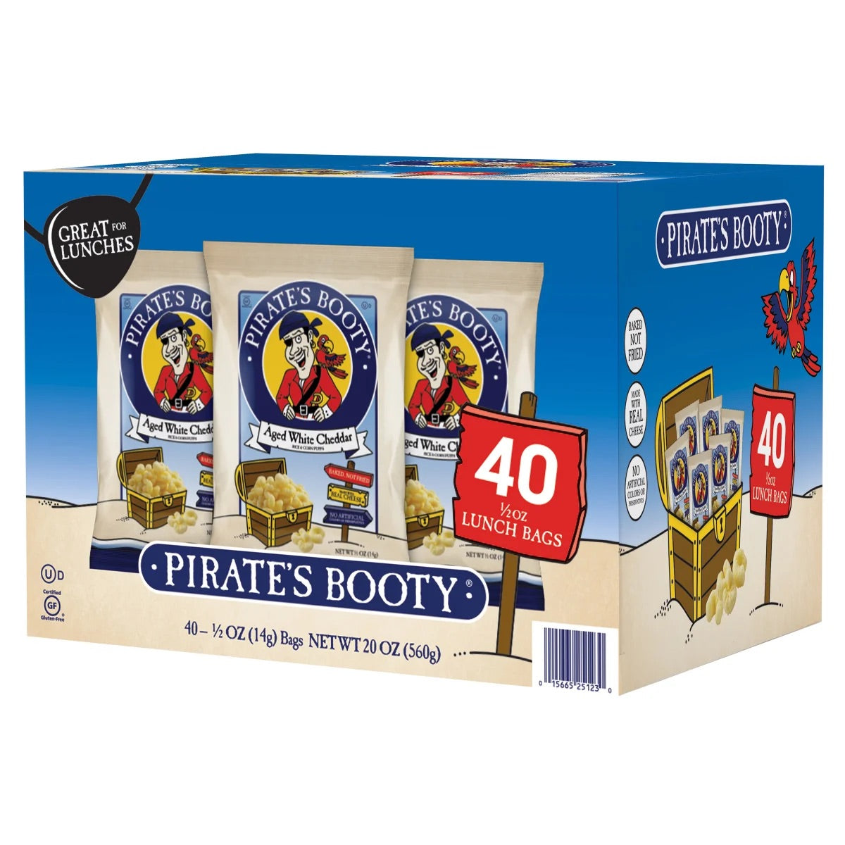 Pirate's Booty Aged White Cheddar Rice & Corn Puffs, Lunch Bags, Snacks, 40 ct.