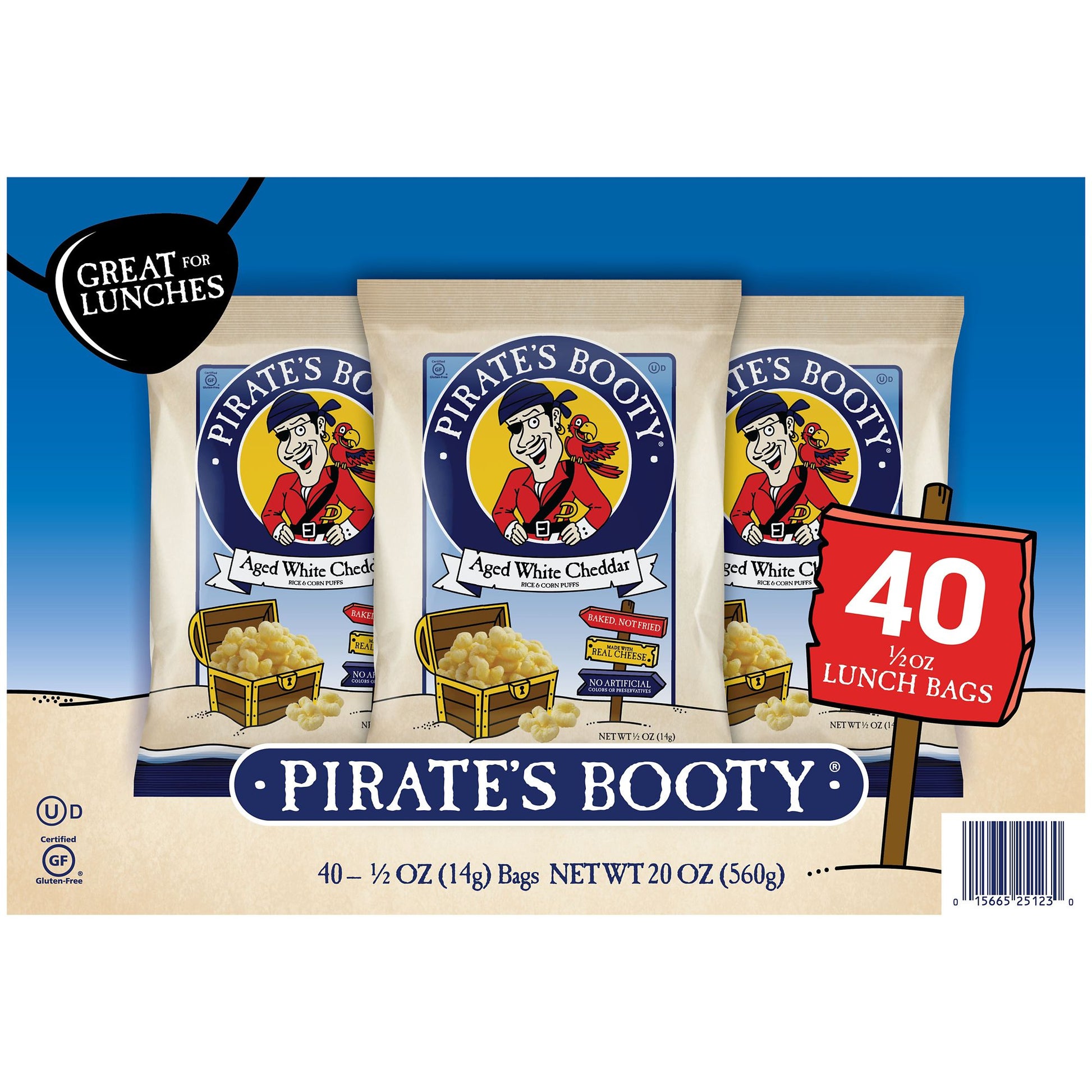 Pirate's Booty Aged White Cheddar Rice & Corn Puffs, Lunch Bags, Snacks, 40 ct.