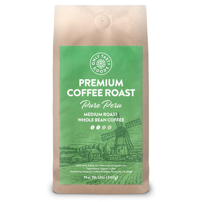 Pure Peru Medium Roast Whole Bean Coffee, Organic, Fair Trade, Low Acid, Non-GMO 12 oz.