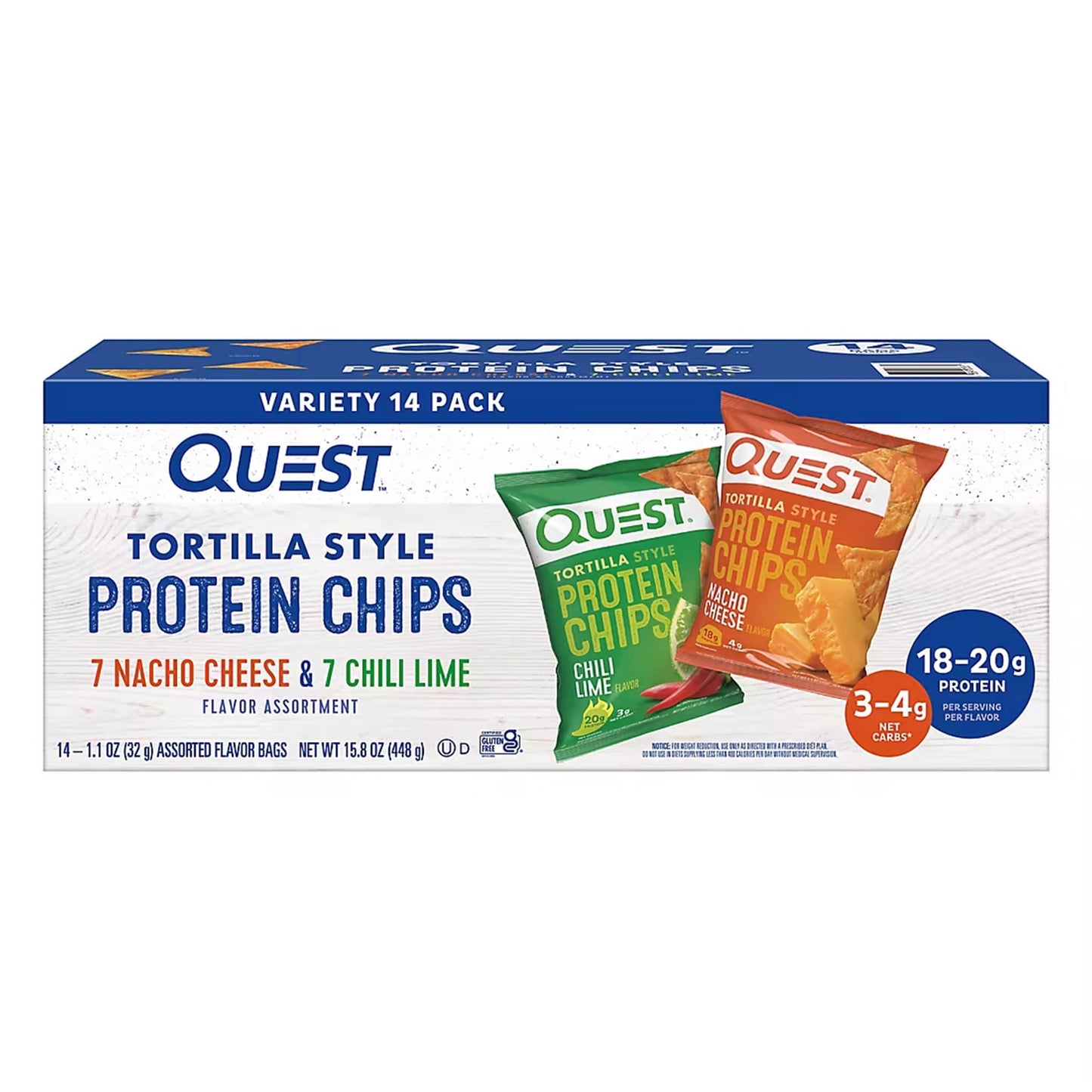 Quest Tortilla Style Protein Chips, Nacho Cheese & Chili Lime, Snacks, 14 ct.