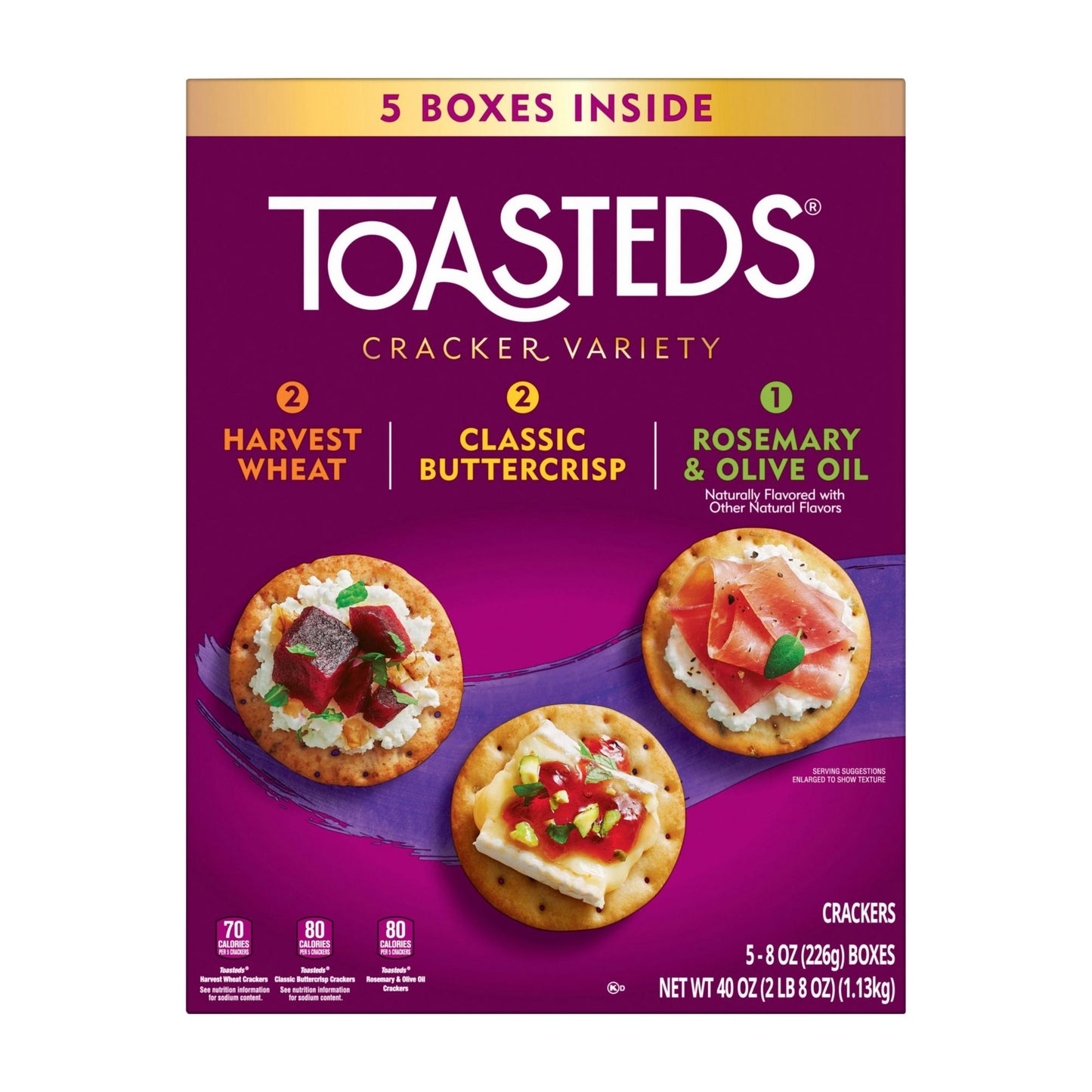 Toasteds Crackers Variety, Harvest Wheat, Classic Buttercrisp, Rosemary and Olive Oil, 5 pk./8 oz.