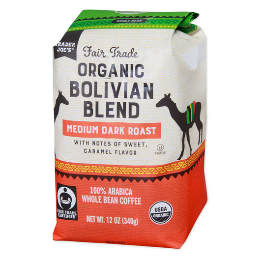 Trader Joe's Fair Trade Organic Bolivian Blend, Medium Dark Roast Whole Bean Coffee, 100% Arabica, 12 oz.