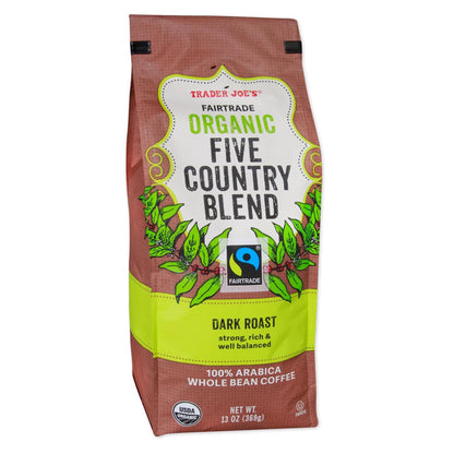 Trader Joe's Fairtrade Organic Five Country Blend, Dark Roast Whole Bean Coffee, 100% Arabica, 13 oz.