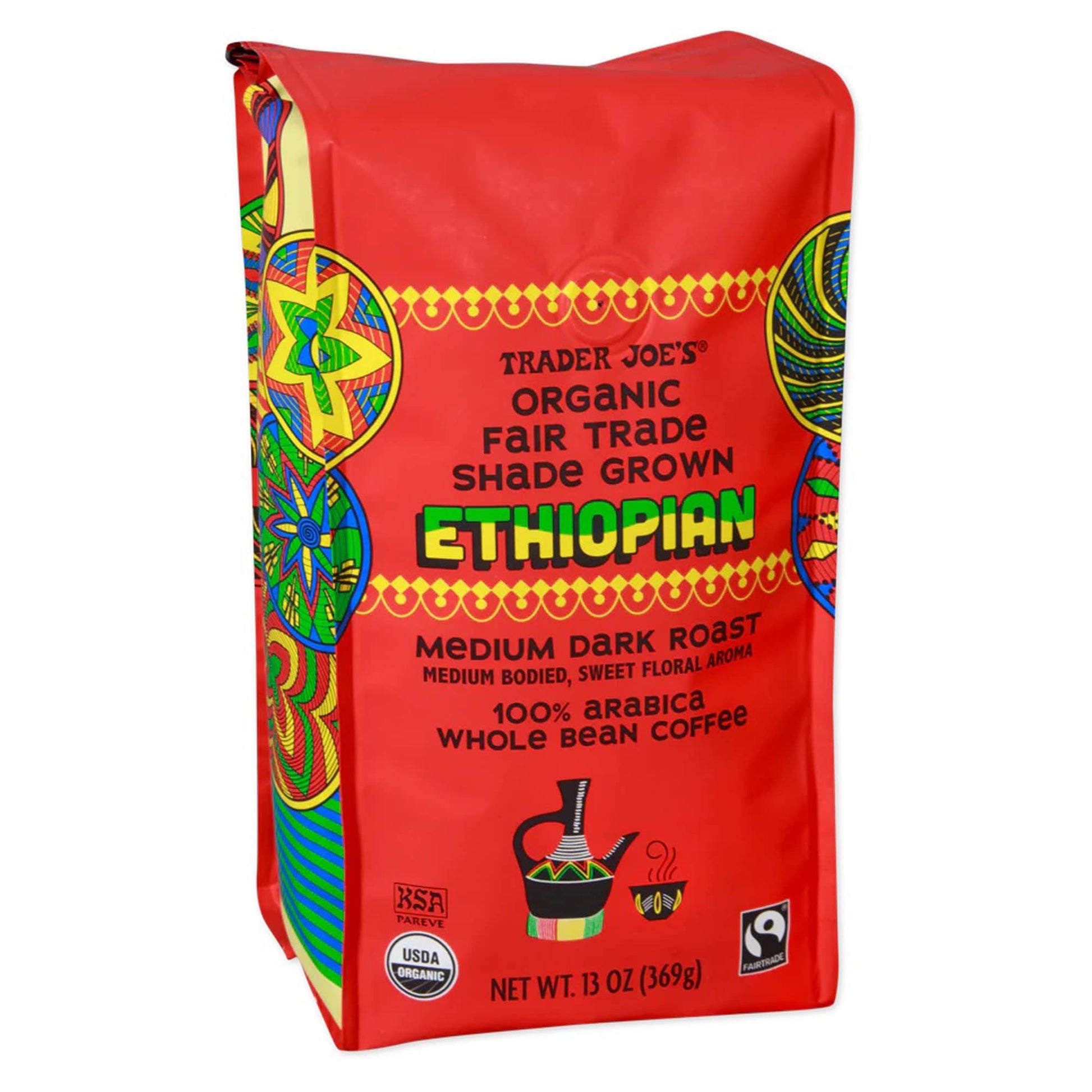 Trader Joe's Organic Fair Trade Shade Grown Ethiopian, Medium Dark Roast Whole Bean Coffee, 100% Arabica, 13 oz.