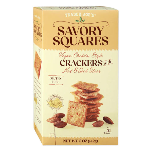 Trader Joe's Savory Squares, Vegan Cheddar Style Crackers Nut & Seed Flour, Gluten-Free, Snacks, 5 oz.