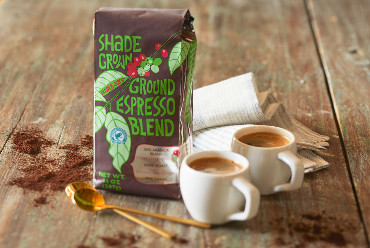 Trader Joe's Shade Grown Ground Espresso Blend, Dark Roast Fine Grind, 100% Arabica, 14 oz.