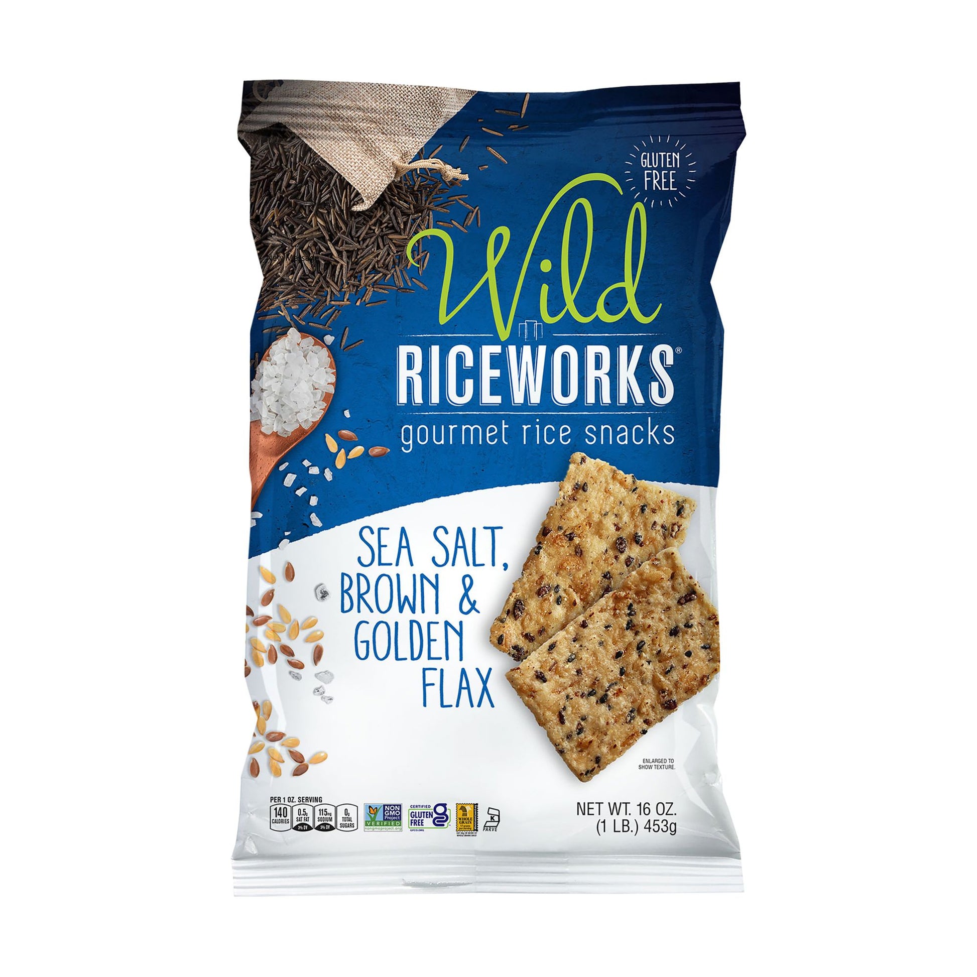 Wild Riceworks Sea Salt, Brown Golden Flax Gourmet Rice Snacks, 16 oz.