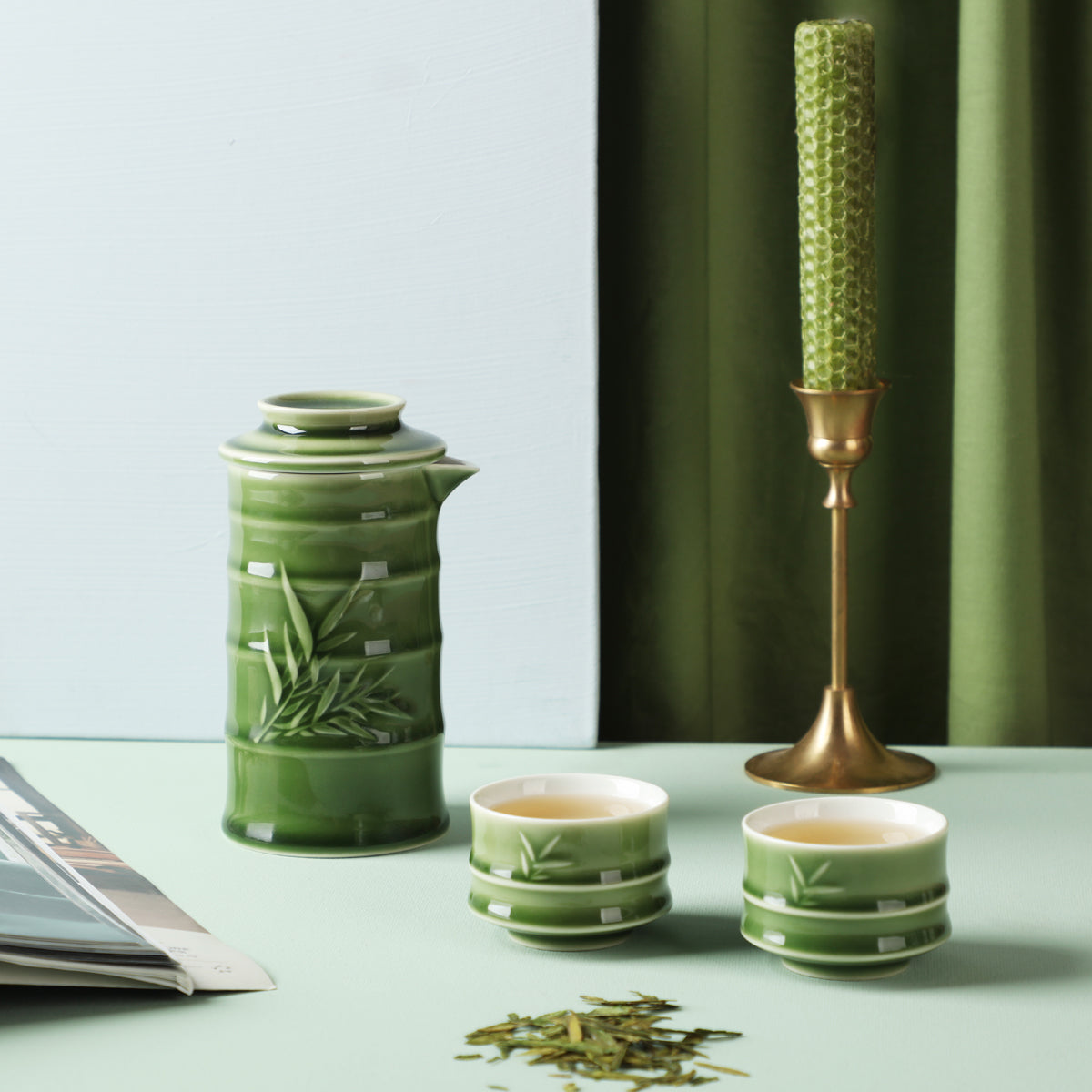 Bamboo Kung Fu Tea Set - 1 Pot with 2 Cups, Ceramics -10
