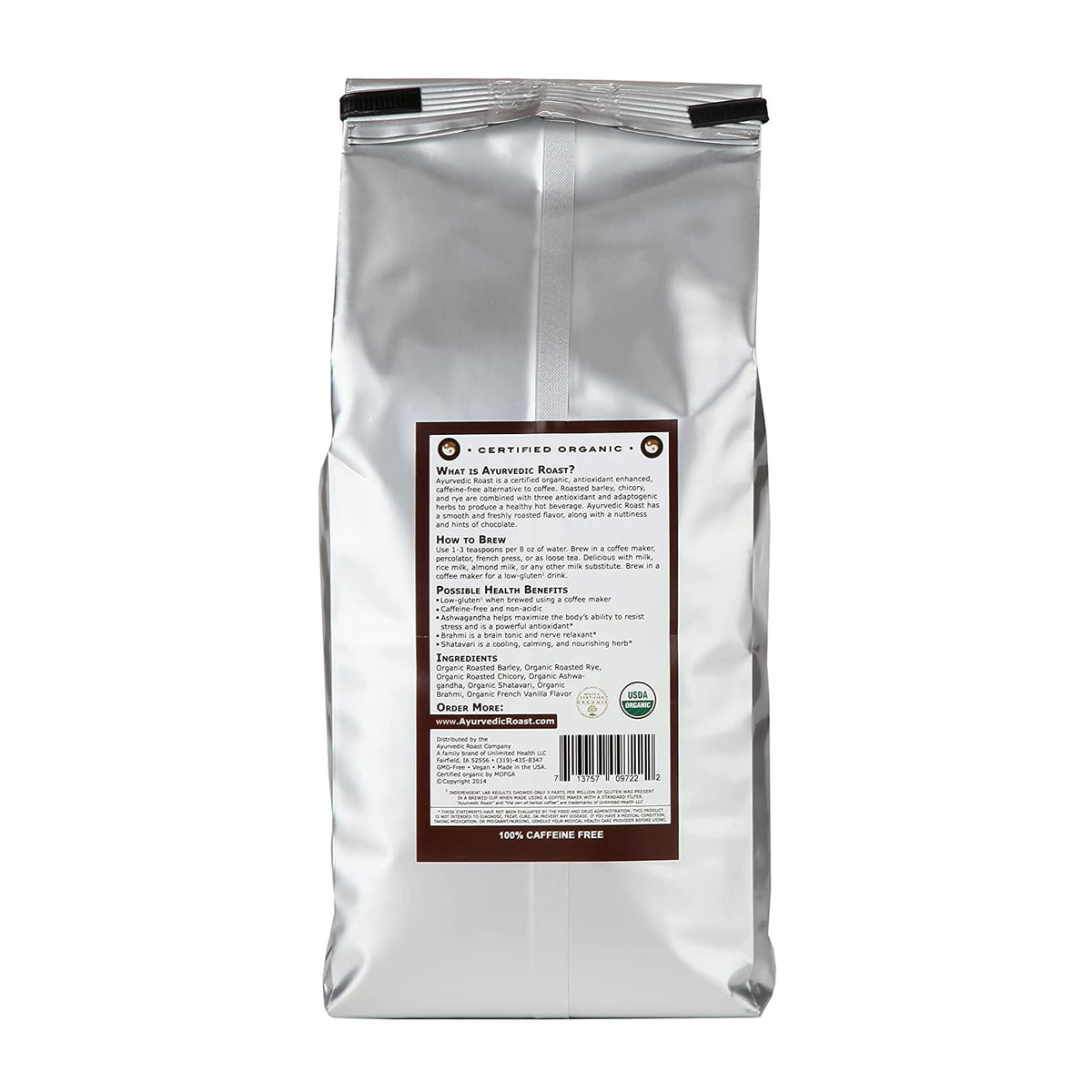 Ayurvedic Roast French Vanilla - Organic Coffee Substitute, Caffeine Free Grain Coffee with Barley Chicory Ashwagandha Brahmi 4 lb. Back - Only Tasty Goods Inc.